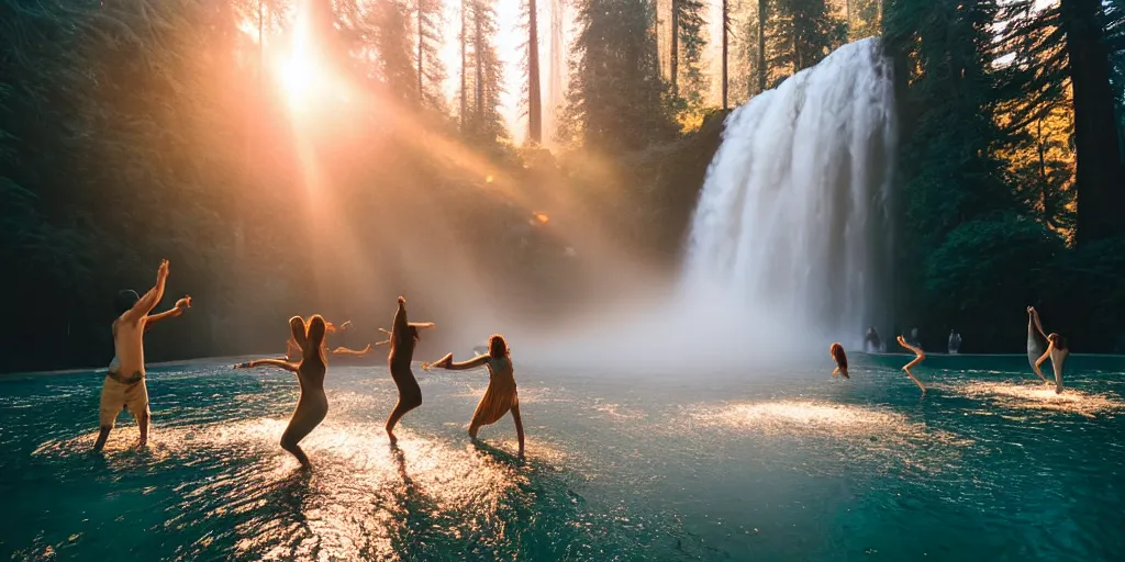 Prompt: people dancing in a waterfall lagoon surrounded by redwood trees during golden hour by sapna reddy, dustin lefevre, marco grassi, cinematic forest lighting, hyperdetailed, in volumetric soft glowing mist, elegant pose, movie still, real life landscape