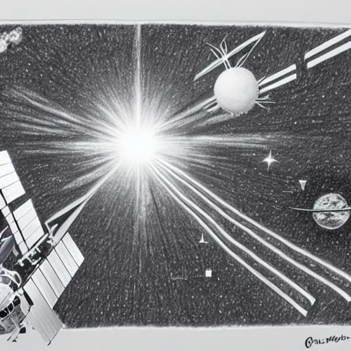 Image similar to a highly detailed graphite sketch of the international space station, with the sun reflecting off of it's windows, various refining methods