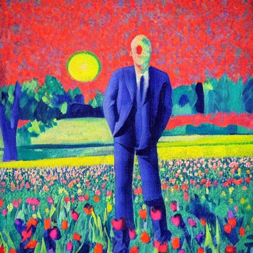 Image similar to Portrait of a man lying in a field of tulips by Robert Delaunay, colorful, hopeful, detailed, sunrise, light colors