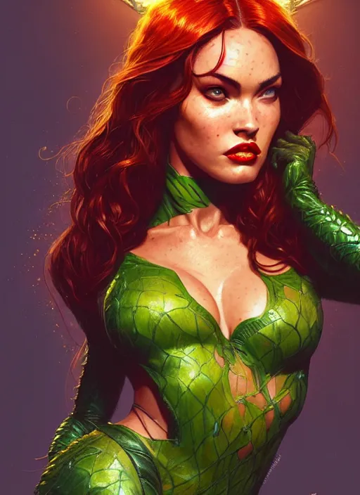 Image similar to portrait of apex legends megan fox as poison ivy, intricate, elegant, glowing lights, highly detailed, digital painting, artstation, glamor pose, concept art, smooth, sharp focus, illustration, art by artgerm and greg rutkowski, artey freytag