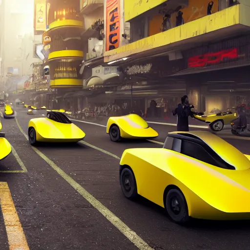 Prompt: wide shot of sleek yellow hover cars with stripes floating in the middle of a busy street in lagos, futuristic architecture, flamboyantly dressed africans walking, talking and trading, blade runner environment, digital concept art illustration by akihiko yoshida and jean - baptiste monge and makoto shinkai and wlop and wadim kashin, 4 k artstation