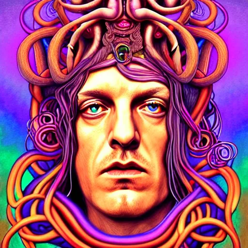 Image similar to an extremely psychedelic portrait of aleistercrowley as medusa, surreal, lsd, face, detailed, intricate, elegant, lithe, highly detailed, digital painting, artstation, concept art, smooth, sharp focus, illustration