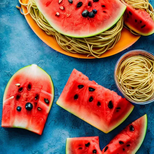 Prompt: spaghetti [ topped with chopped watermelon ]!!, trending on unsplash, [ 4 k photorealism ]!!, professional photography, [ overhead view ]!, shot by jimmy nelson