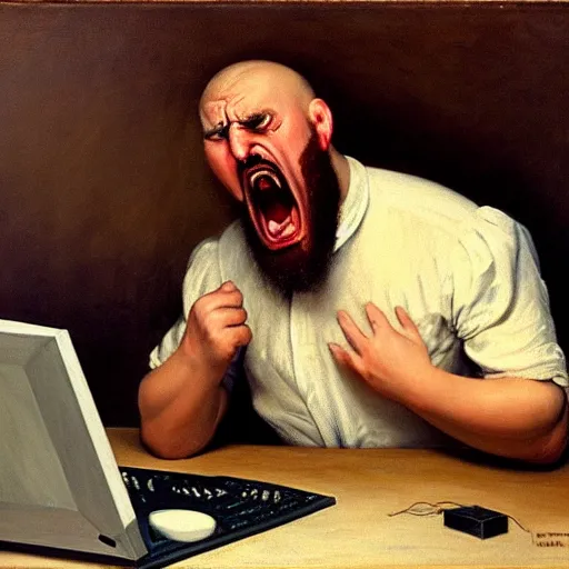 Image similar to an angry man yells at his computer monitor, oil on canvas, 1 9 0 1