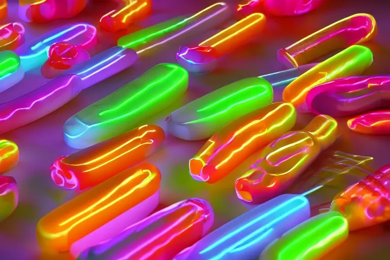 Prompt: beautiful bright transparent and translucent neon hotdogs, pastel popsicles, levitating colorful plastic toys, clouds of vivid horse-hair wigs, plasticized translucent flames, Rembrandt, baroque, chiaroscuro, very detailed Octane 3D render, 8K photorealistic