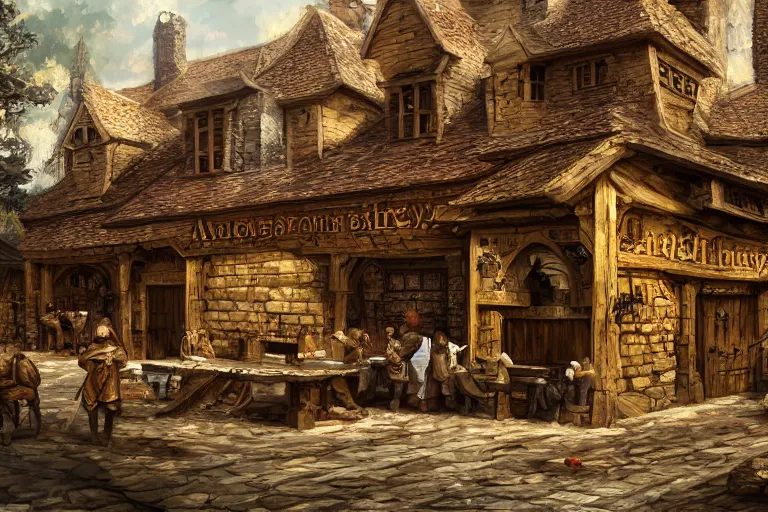 Prompt: A medieval tavern viewed from the outside, texture, intricate, details, highly detailed, masterpiece, architecture, building, trending on artstation, focus, sharp focus, concept art, digital painting, fantasy, sunny, day, midday