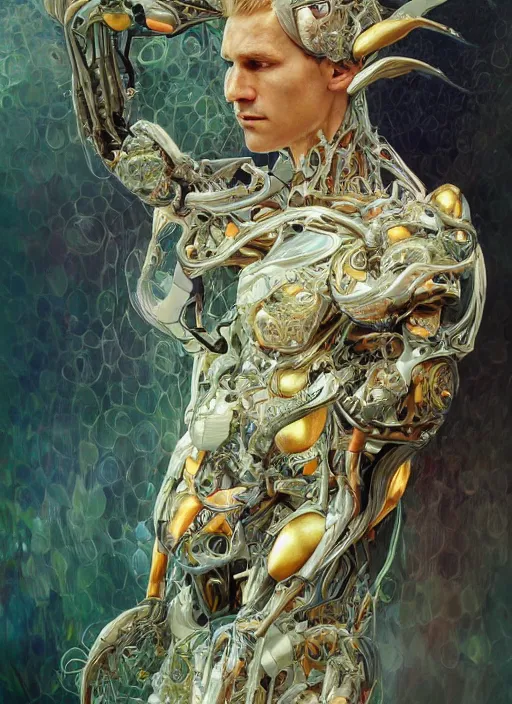 Image similar to lionel messi as a organic cyborg, diffuse lighting, fantasy, intricate, elegant, highly detailed, lifelike, photorealistic, digital painting, artstation, illustration, concept art, smooth, sharp focus, art by john collier and albert aublet and krenz cushart and artem demura and alphonse mucha