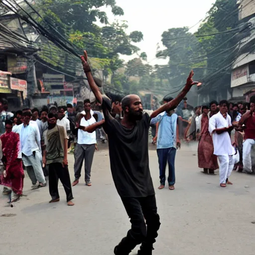 Prompt: photograph of Kanye West dancing in a street of Dhaka