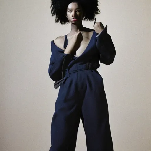 Image similar to realistic photoshooting for a new balenciaga lookbook, color film photography, portrait of a beautiful woman, woman is wearing a jumpsuit, in style of Tyler Mitchell, 35mm,