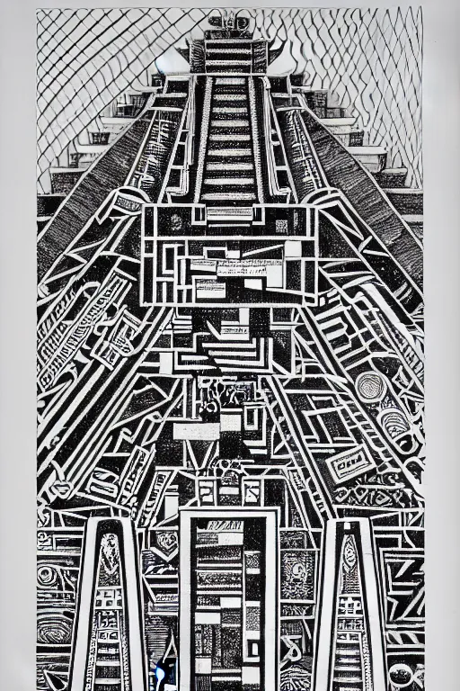 Image similar to a black and white drawing of a mayan temple, a detailed mixed media collage by hiroki tsukuda and eduardo paolozzi and moebius, intricate linework, sketchbook psychedelic doodle comic drawing, geometric, street art, polycount, deconstructivism, matte drawing, academic art, constructivism