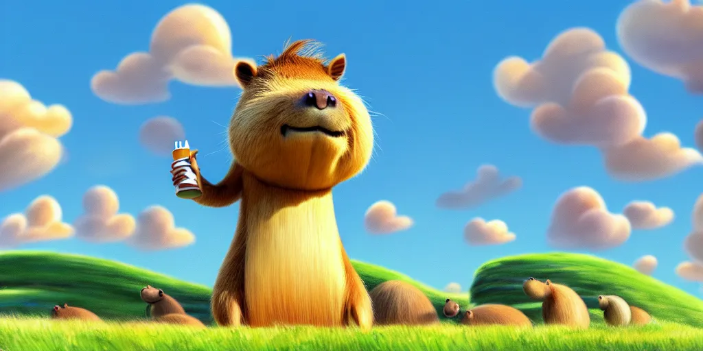 Image similar to cartoon concept art, capybara character, spiral clouds, from lorax movie