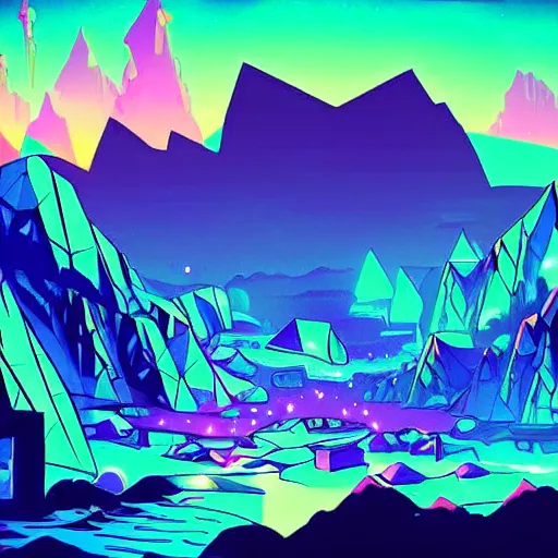 Image similar to a diamond mine, lots of diamonds unearthed, a lights is being reflected all around the dark cave mine, luminous Color’s, synthwave style, concept art.