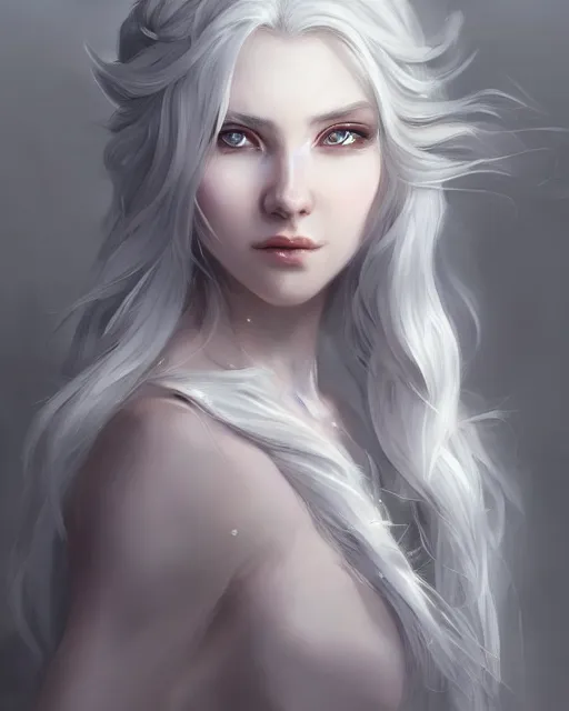 Prompt: portrait of a beautiful snow goddess, flowy white grey hair, grey eyes, cinematic lighting, highly detailed, digital painting, trending on artstation, pixiv, concept art, sharp focus, illustration, art by ross tran and wlop