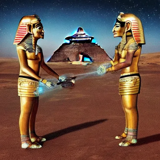 Image similar to the annunaki have returned to egypt wearing space suits that look like egyptian pharoah head - dresses and breathing hoses that look like elephant trunks - alien - looking, futuristic, detailed, photo - realism