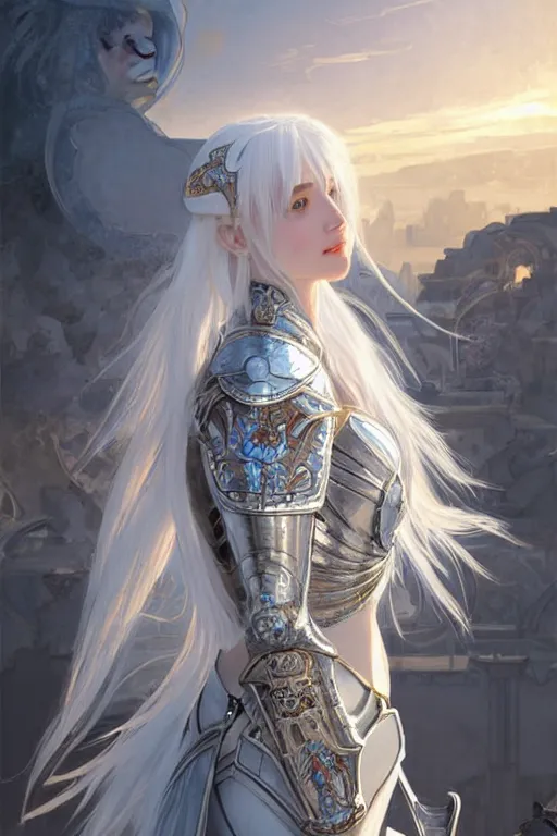 Image similar to portrait white hair knights of Zodiac girl, Sliver ice color reflected armor, in ruined Agora of Athens Sunrise, ssci-fi and fantasy, intricate and very very beautiful and elegant, highly detailed, digital painting, artstation, concept art, smooth and sharp focus, illustration, art by tian zi and WLOP and alphonse mucha