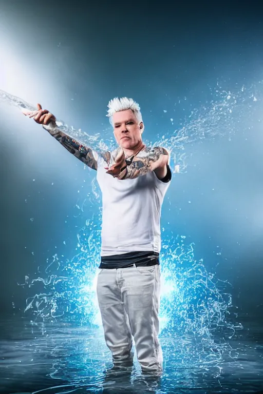 Prompt: scooter band member baxxter with white hair standing in water with explosion in background, full body, reflection in water, volumetric lighting, golden ratio