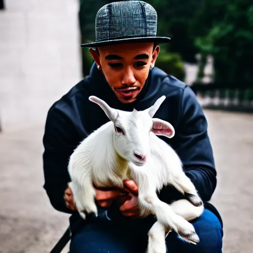 Prompt: lewis hamilton holding a baby goat, ( sony a 7 r iv, symmetric balance, polarizing filter, photolab, lightroom, 4 k, dolby vision, photography award, vogue )