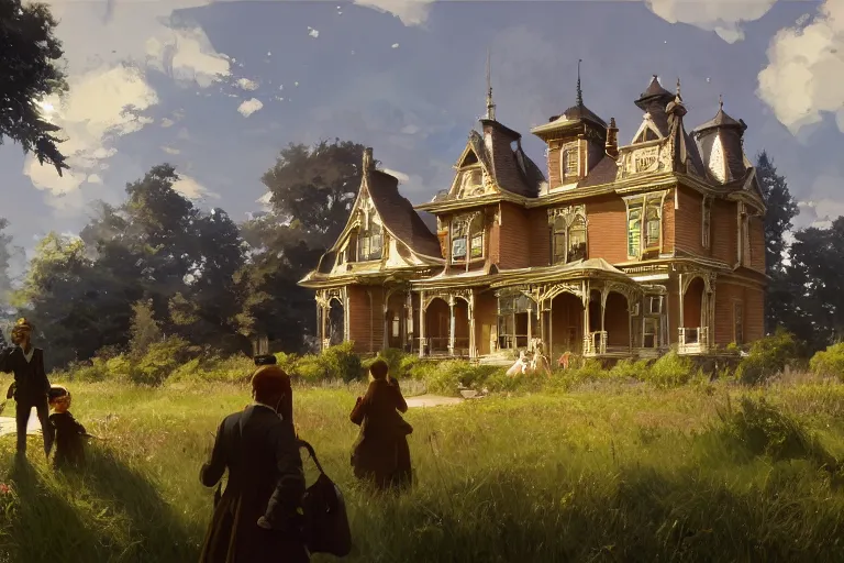 Image similar to an ornate victorian house, party inside, scene in an open field. 1 8 9 0, key visual, conceptart, ambient lighting, highly detailed, digital painting, artstation, concept art, sharp focus, by makoto shinkai and akihiko yoshida and greg manchess