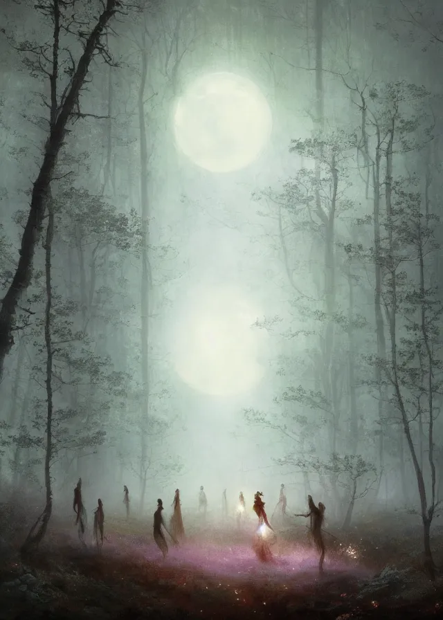 Image similar to dance of the fae by aleksi briclot, greg rutkowski and ivan aivazovsky, dancers in white lit only by the moon, forest meadow at night, moon beams, contemporary dance, volumetric, atmospheric, watercolor, surrealist, artstation, artgerm