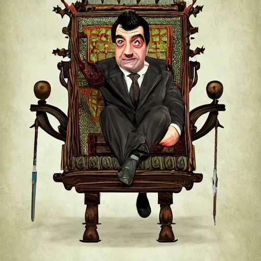 Image similar to Mr. Bean depicted as a medieval king on his throne, fantasy, intricate, ornate, Hyperdetailed, digital art, behance, artstation, smooth, sharp focus, bokeh, illustration, digital painting, elegant, symmetrical