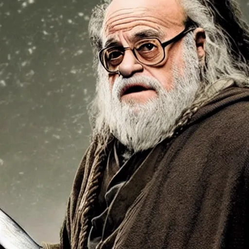 Prompt: movie still of danny devito starring as gandalf in the 2 0 2 6 lord of the rings movie