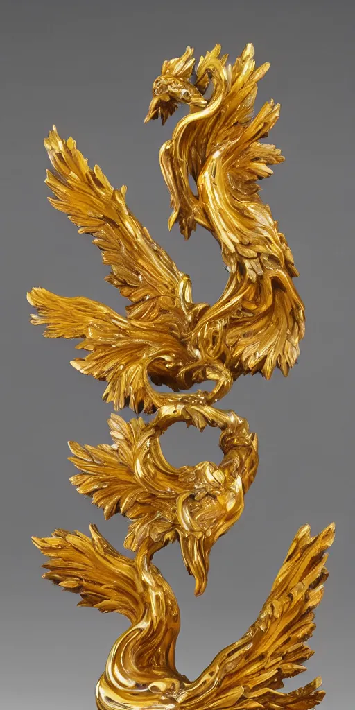 Image similar to baroque wood and gold phoenix sculpture with jade veins