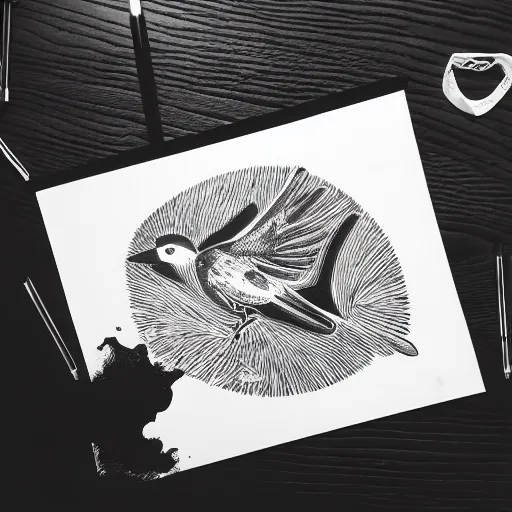 Image similar to bird illustration, Matt adrian, black ink on white paper, high definition 4k