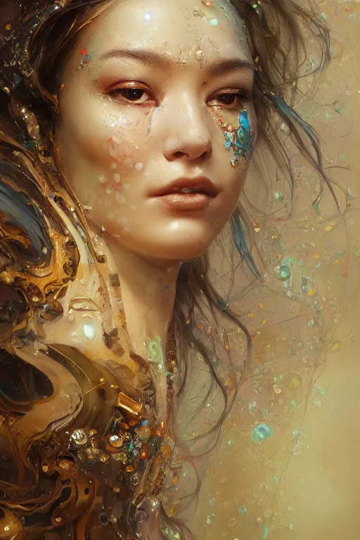 Prompt: face closeup of beautiful girl in intricate detailed oilpaint, melting wax, acrilic fluid art, 3 d render, hyper realistic detailed side portrait, fyling silk, ruan jia, wlop. scifi, fantasy, hyper detailed, octane render, concept art, by peter mohrbacher, by gustav klimt, by wlop, by ruan jia