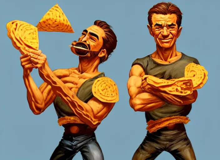 Image similar to two men made out of tortillas, their whole body is a tortilla, they are holding microphones, by marco bucci and frank frazetta, style of magic the gathering, high resolution, fantasy coloring, intricate, digital painting, artstation, smooth, sharp focus