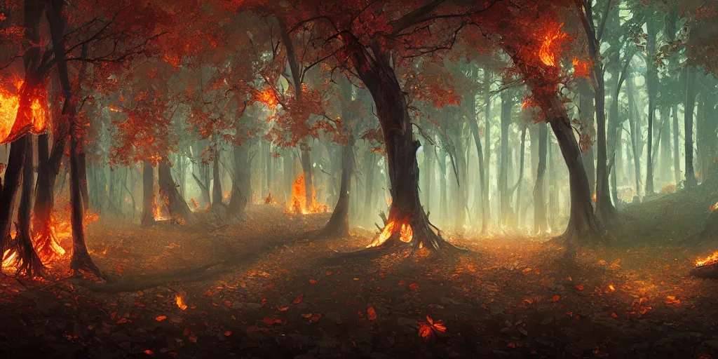 Image similar to A fire forest of trees with flaming leaves, landscape, highly detailed, digital painting, artstation, concept art, sharp focus, illustration, art by artgerm and greg rutkowski and alphonse mucha