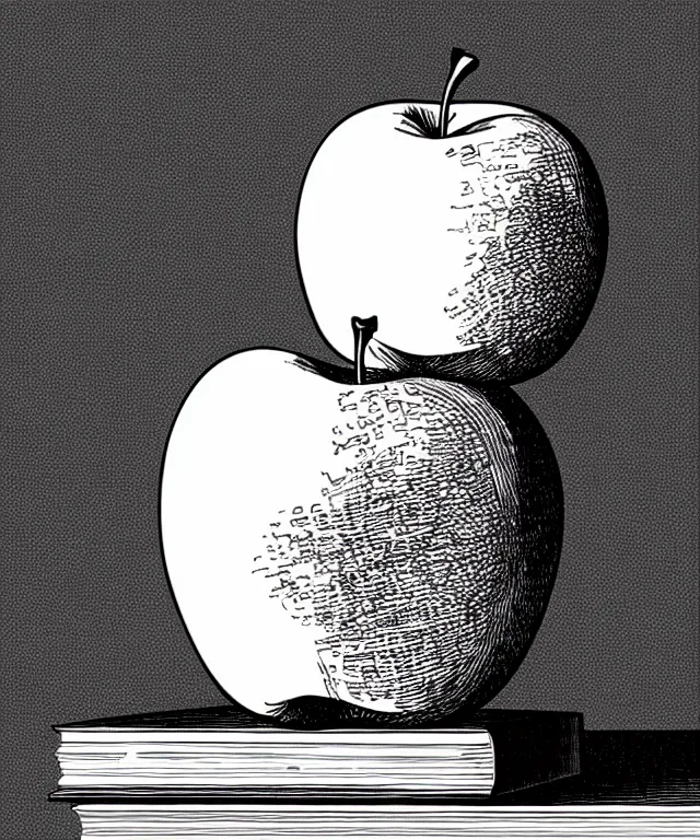 Image similar to an apple on top of a stack of books on a white background, art by piranesi, black ink, black and white, vector, vector art