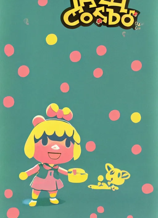 Prompt: Polish posters for Isabelle from Animal Crossing. Screen printed, silkscreen, two-tone paper texture. 1968