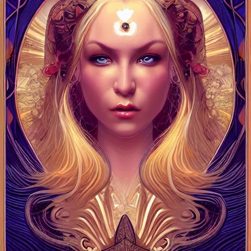 Image similar to head-on symmetrical centered painted portrait, warrior princess, voluminous blonde hair, art nouveau, fractal tarot card style, masterpiece, fantasy, intricate, elegant, highly detailed, smooth, sharp focus, illustration, artstation, in the style of Artgerm and Anna Podedworna and Alex Ross and Mucha