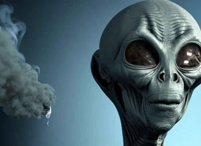 Image similar to photograph of grey alien smoking too much weed, 8k resolution, high detail, ULTRA REALISTIC VFX, reflections