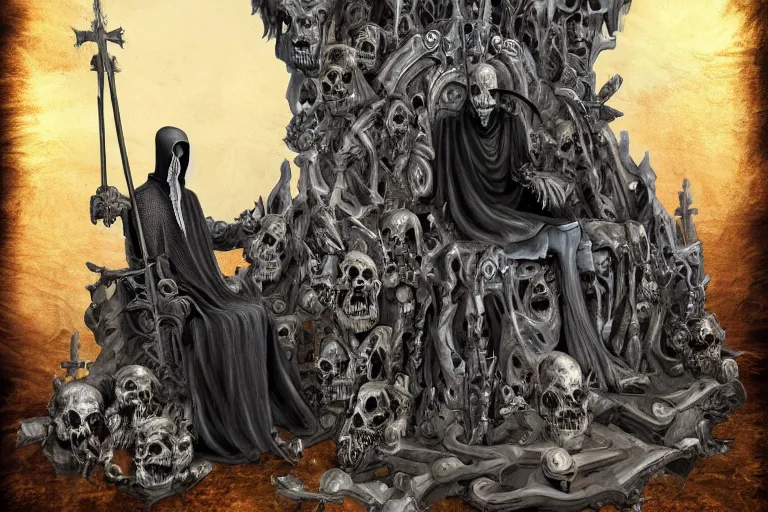 Image similar to Grim reaper sitting on a throne made of skulls, wide shot, digital art, fantasy, concept art, highly detailed, dark colors, blue tint,