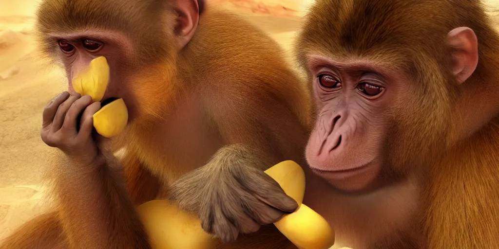 Image similar to monkey on planet mars eating banana, artstation top, high definition, deviant art, extremely beautiful