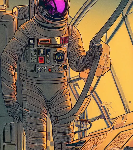 Image similar to cyberpunk astronaut with long limbs on a spacewalk outside of their ship, techwear, Industrial Scifi, detailed illustration, character portrait, by Martin Grip and Moebius