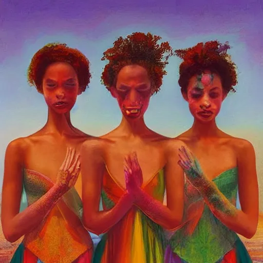 Image similar to The performance art is a beautiful work of art. The three graces are depicted as beautiful young women, each with their own unique charms. The performance art is full of color and life, and the women seem to radiate happiness and joy. by Chris Moore haunting