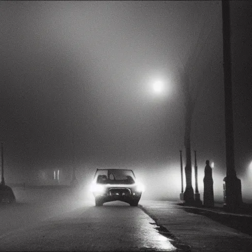 Prompt: brassai photograph of cars at an intersection on a foggy night, blue undertones,