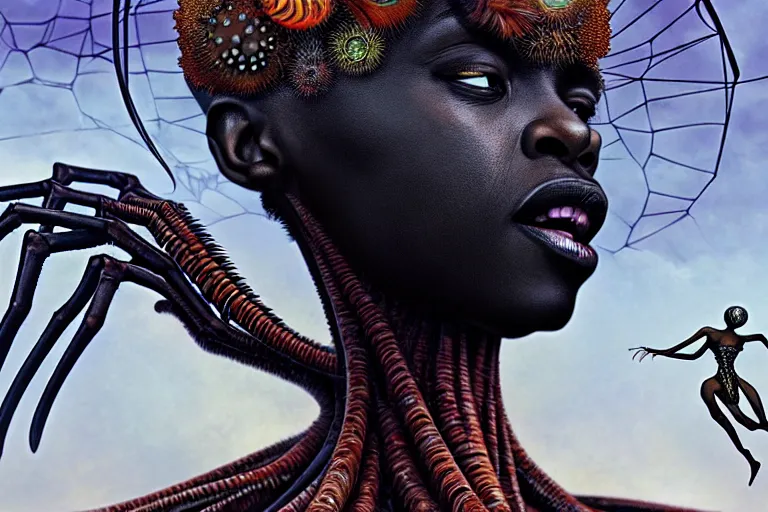 Image similar to realistic detailed closeup portrait movie shot of a beautiful black woman riding a giant spider, dystopian city landscape background by denis villeneuve, amano, yves tanguy, alphonse mucha, max ernst, kehinde wiley, ernst haeckel, caravaggio, roger dean, cyber necklace, rich moody colours, sci fi patterns, wide angle