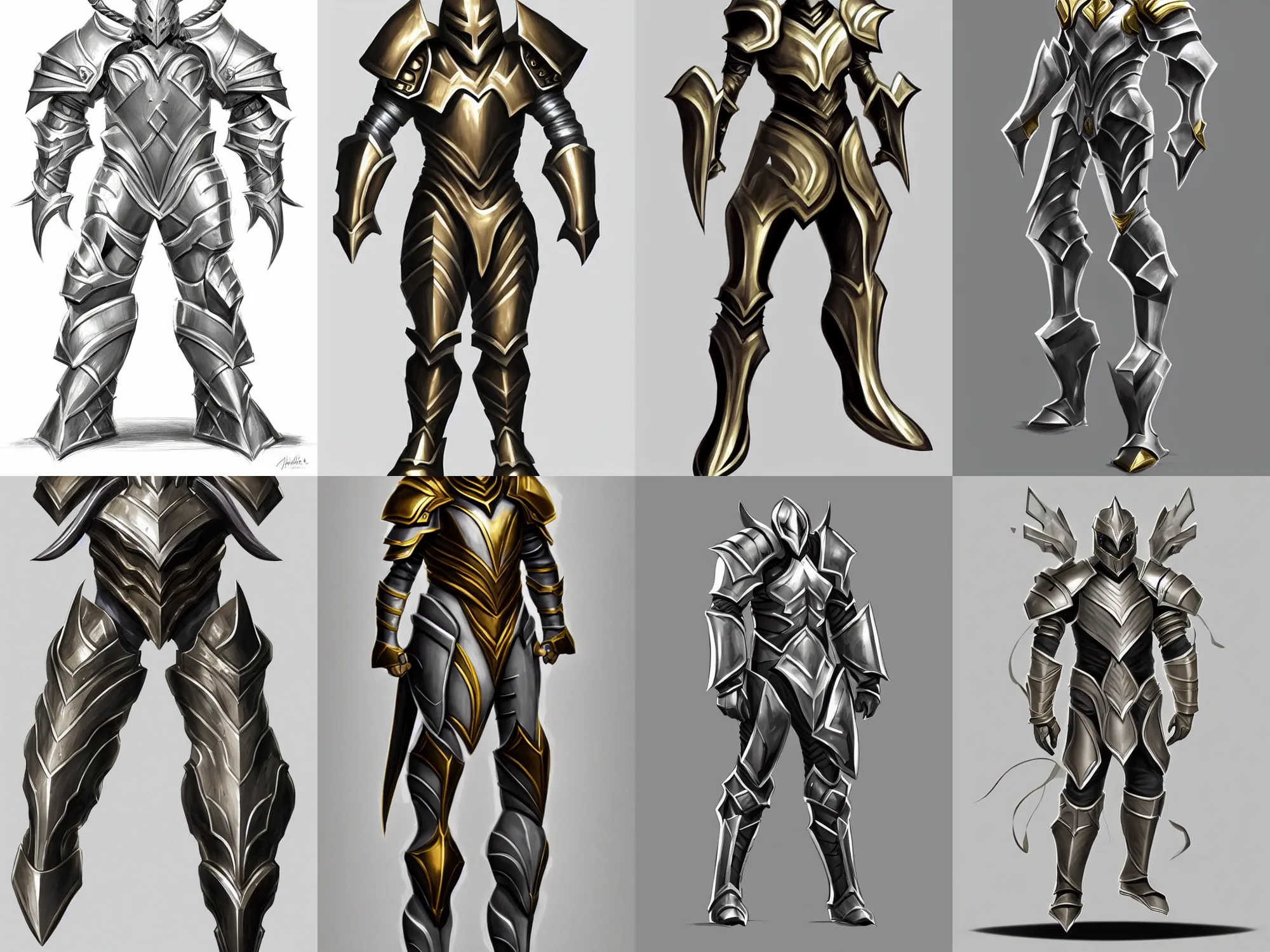 Prompt: heavy fantasy armor, minimalistic concept sketch, two-tone, silver with gold trim, extremely polished, exaggerated proportions, flat shading, smooth, uncluttered, extremely clean, fantasy character portrait, professional concept art, front view, A-pose, full body