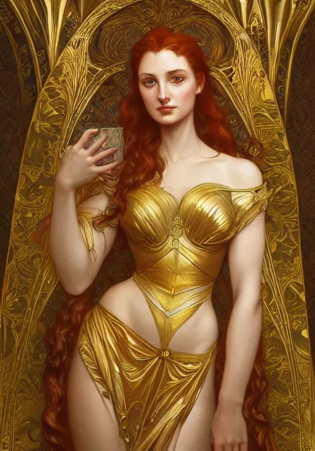 Prompt: sansa angeline jolie gessica chastain in gold, intricate, elegant, highly detailed, digital painting, artstation, concept art, smooth, sharp focus, illustration, art by artgerm and greg rutkowski and alphonse mucha and william - adolphe bouguereau