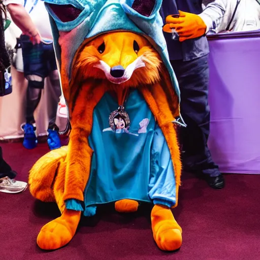 Image similar to snoop dog wearing a fox fursuit at a furry convention, indoor convention vendors