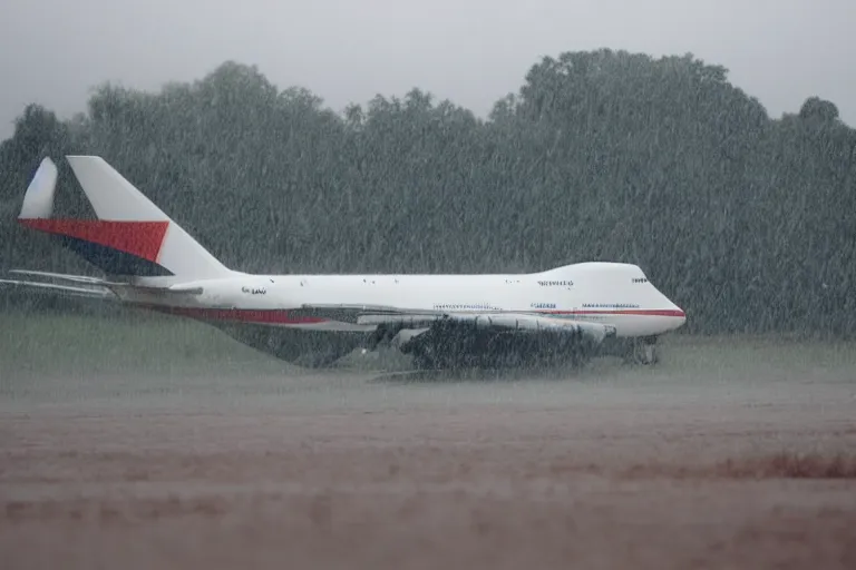 Image similar to a boeing 7 4 7 landing on a runway in heavy rain and wind, photo from a spectator, 8 k, natural lighting