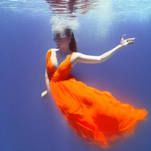 Prompt: a beautiful flowy orange gown underwater, wistful,