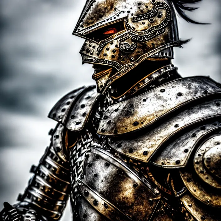 Image similar to photo of a warrior with metal tiger themed armour, highly detailed, 4 k, hdr, smooth, sharp focus, high resolution, award - winning photo