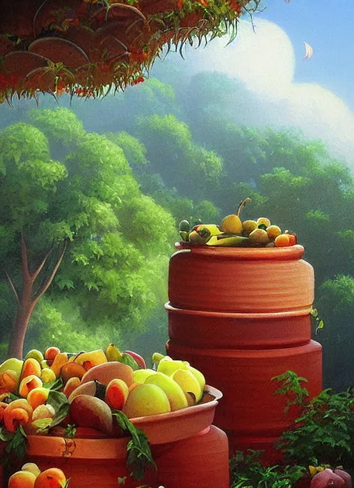 Image similar to a beautiful painting of pots filled with fruits and food in the jungle, close up, abundance, art by christophe vacher