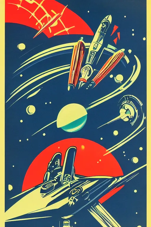 Image similar to propaganda poster of futuristic space race, 1 9 5 0 s style, futuristic design, dark, symmetrical, washed out color, centered, art deco, 1 9 5 0's futuristic, glowing highlights, intense