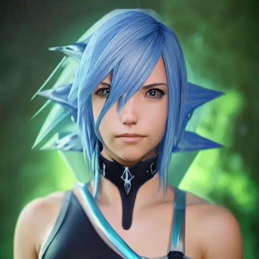 Image similar to photo realistic image of aqua from kingdom hearts, stunning 3 d render inspired art by istvan sandorfi and greg rutkowski, perfect facial symmetry, realistic, highly detailed attributes and atmosphere, dim volumetric cinematic lighting,