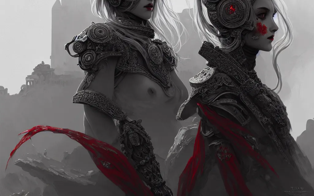 Image similar to portrait grey hair knights of zodiac girl + smoky eyes, matt black / little red color armor in ruined agora of athens, ssci - fi and fantasy, intricate and beautiful and elegant, highly detailed, digital painting, artstation, concept art, smooth and sharp focus, illustration, art by tian zi and wlop and alphonse mucha